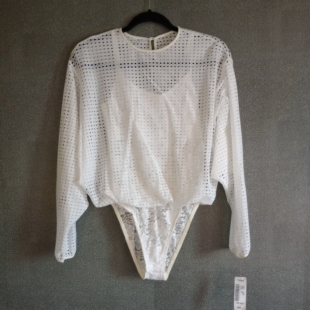 HAH Long Sleeve Lace Bodysuit Mesh Overlay White&Cream (M)